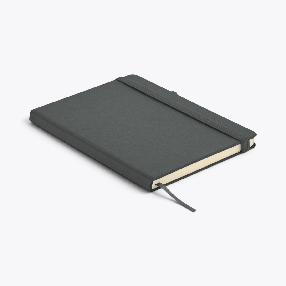 Carnet de notes gris avec porte-stylo fermé, vue de trois quarts