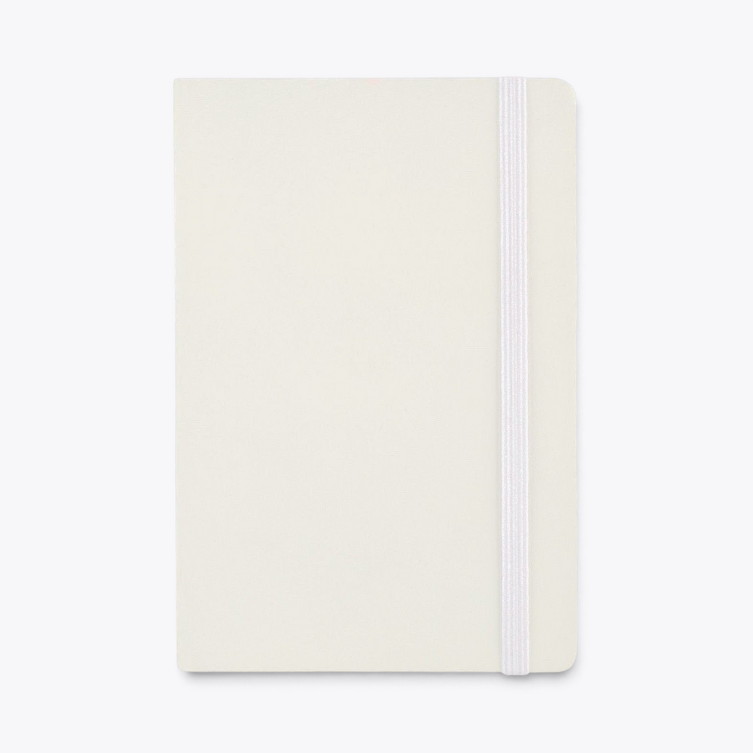Carnet de notes blanc avec porte-stylo et bande élastique, vue de face