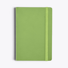Carnet de notes vert avec porte-stylo et bande élastique, vue de face