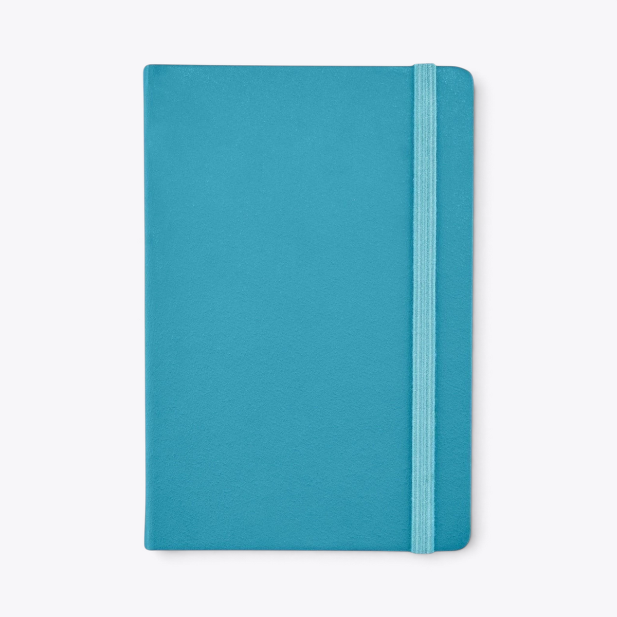 Carnet de notes turquoise avec porte-stylo et bande élastique, vue de face