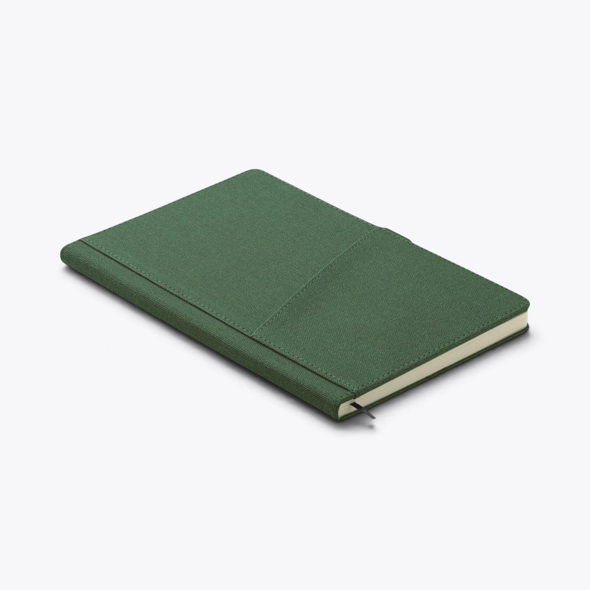 Carnet de notes avec poche frontale vert, vue trois quarts