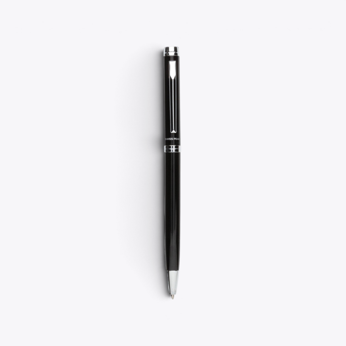 Stylo noir et argent du carnet Swiss Peak, vue de face