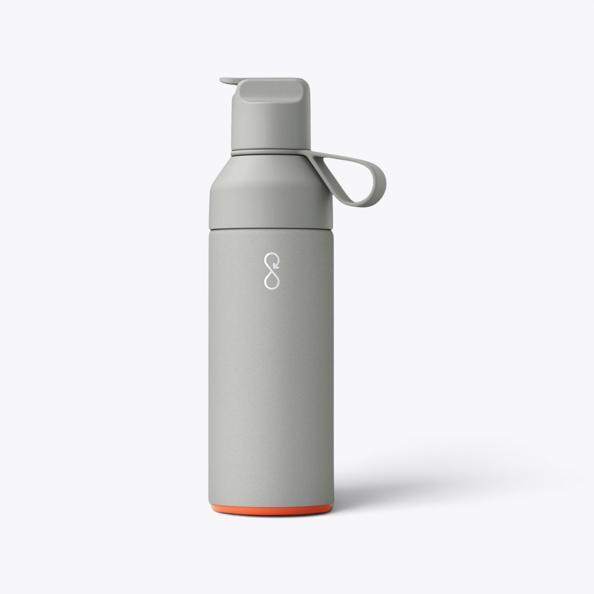 Bouteille 3-en-1 Ocean Bottle grise avec petit logo blanc, vue de face