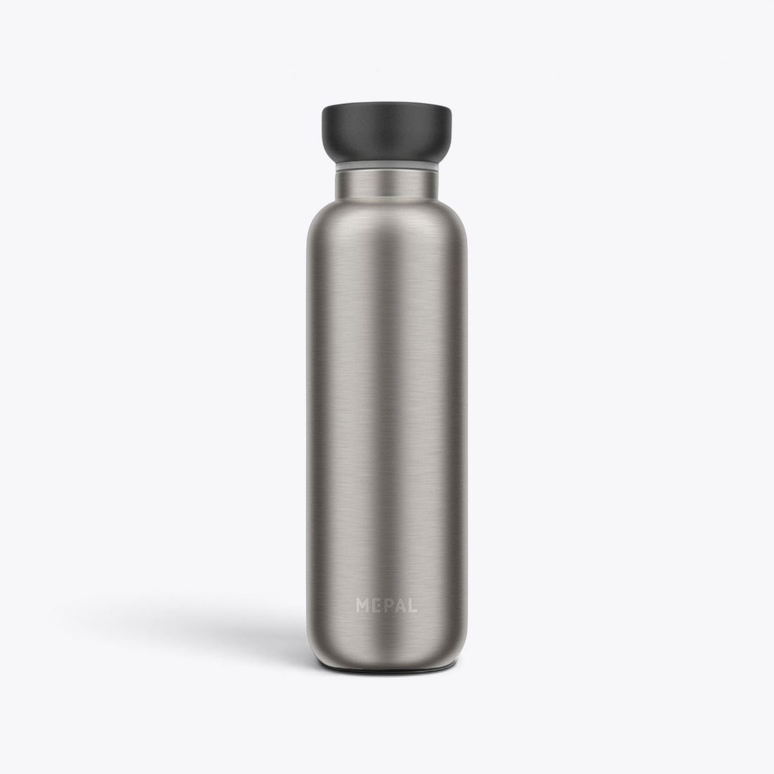 TODAY MERCH modern brushed stainless steel water bottle with black cap, contemporary design.