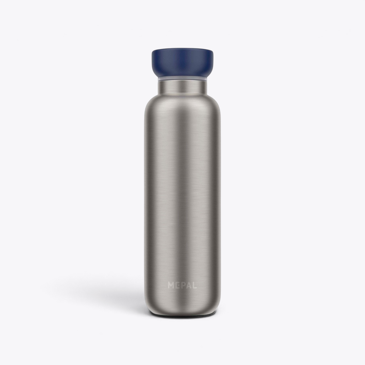 TODAY MERCH modern brushed stainless steel water bottle with navy blue cap, 750ml capacity.