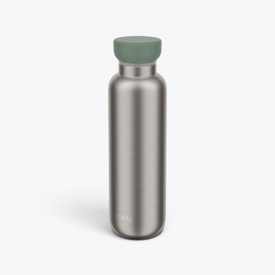 TODAY MERCH modern stainless steel water bottle with sage green cap, brushed metal finish.