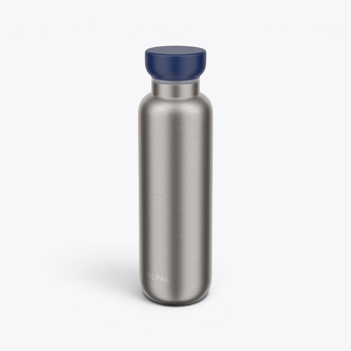 TODAY MERCH modern stainless steel water bottle with a navy blue cap, brushed metal finish.