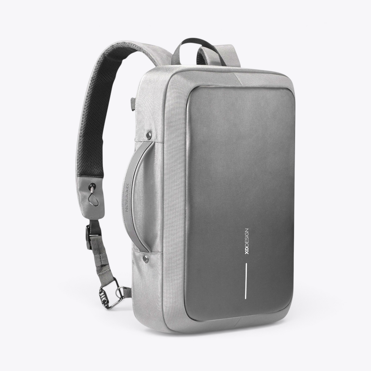 Bobby Bizz 2.0 sac à dos et sacoche antivol gris, vue trois quarts en mode sac à dos