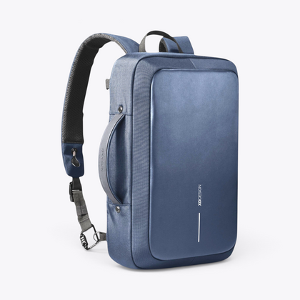 Bobby Bizz 2.0 sac à dos et sacoche antivol bleu marine, vue trois quarts en mode sac à dos