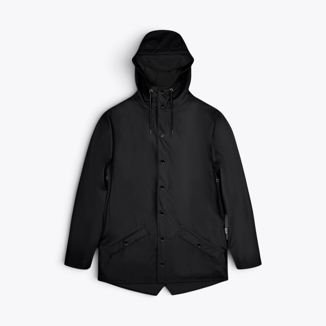 TODAY MERCH RAINS unisex black waterproof rain jacket with hood, snap buttons, and side pockets