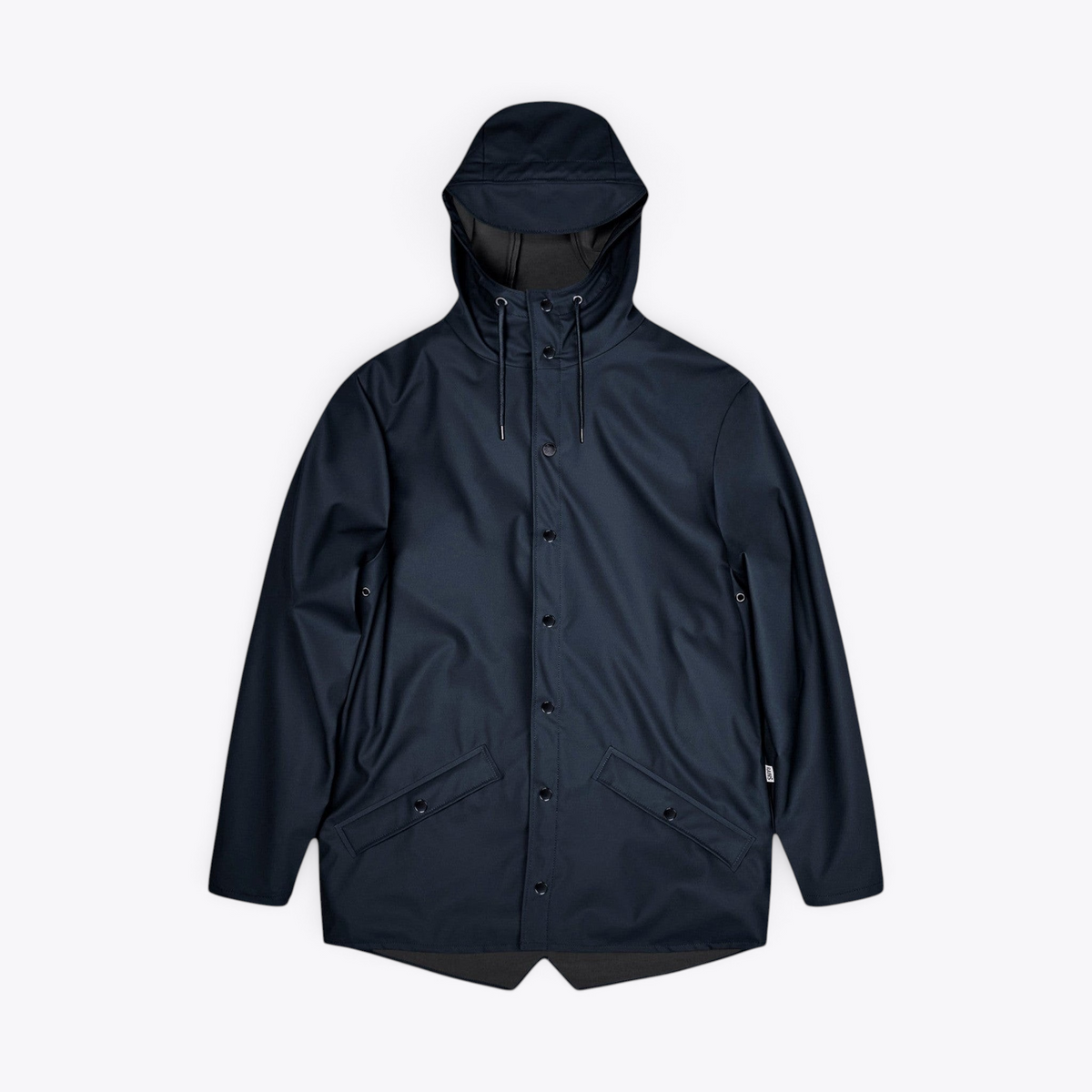 Veste de pluie RAINS Jacket bleu marine à capuche, boutons-pression et poches latérales