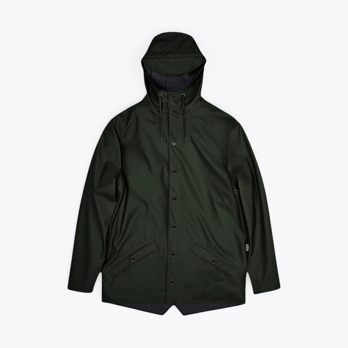 Veste de pluie RAINS Jacket vert foncé à capuche, boutons-pression et poches latérales