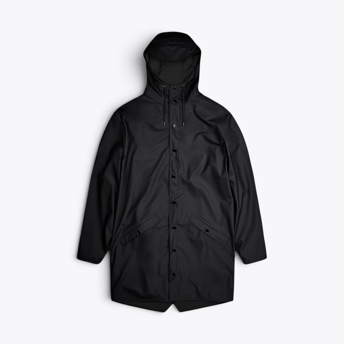 TODAY MERCH RAINS long black waterproof unisex raincoat with a hood, snap buttons, and side pockets.