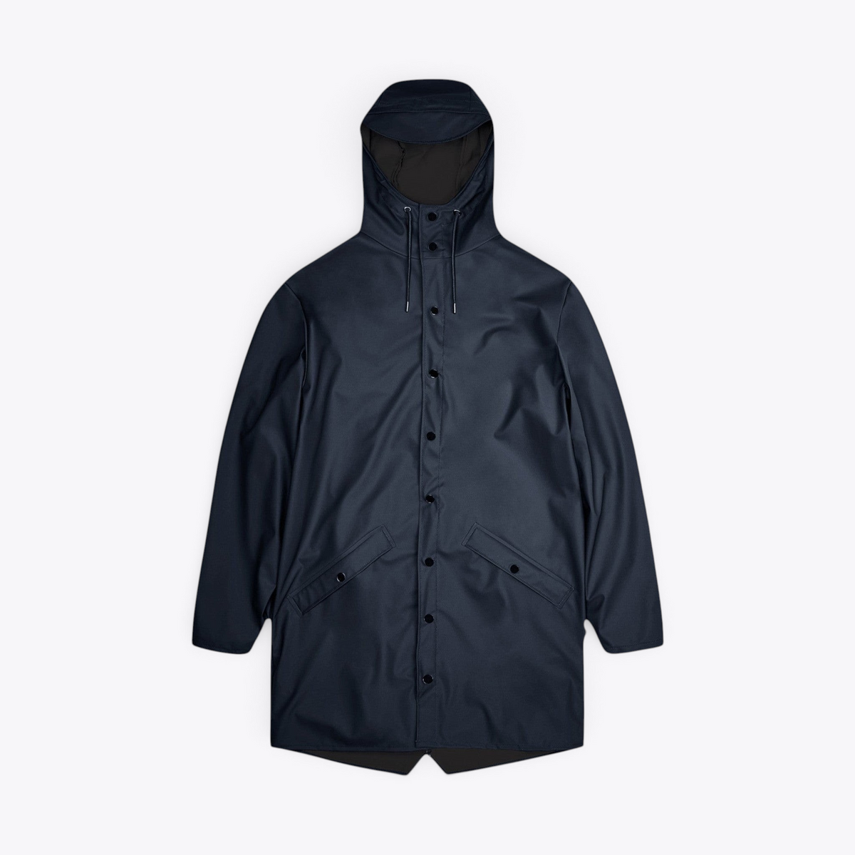 Veste de pluie RAINS Long Jacket bleu marine à capuche, boutons-pression et poches latérales
