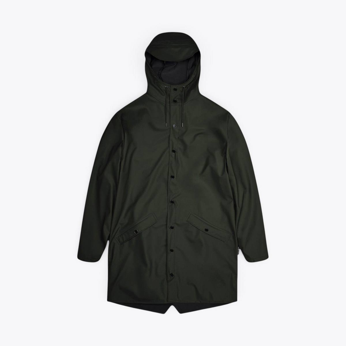 Veste de pluie RAINS Long Jacket vert foncé à capuche, boutons-pression et poches latérales