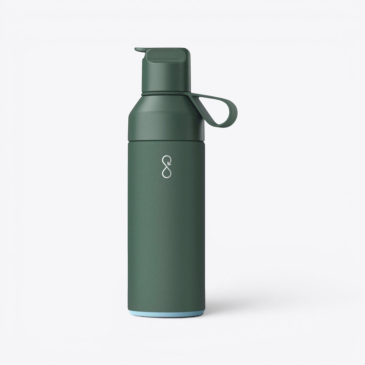 Bouteille 3-en-1 Ocean Bottle verte avec petit logo blanc, vue de face