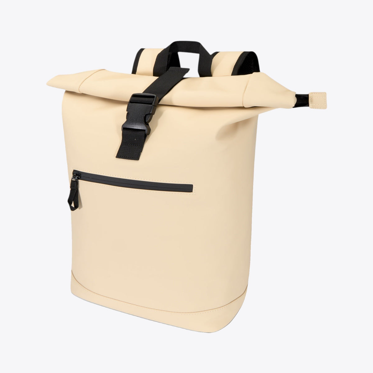Sac à dos à rabat roulé beige, vue trois quarts