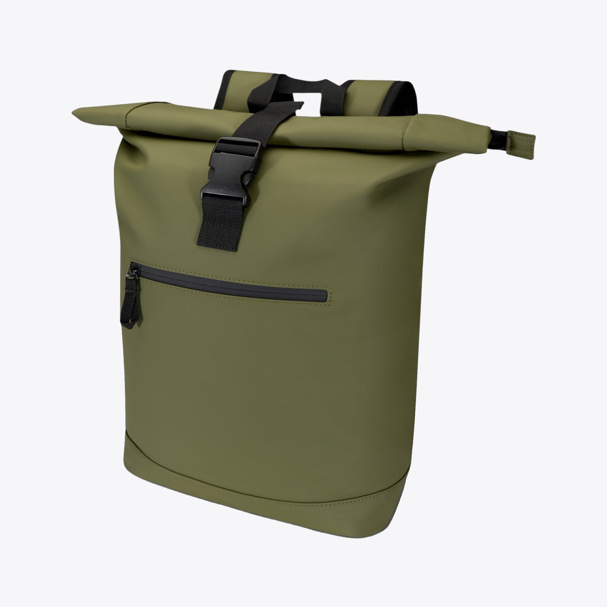 Sac à dos à rabat roulé kaki, vue trois quarts