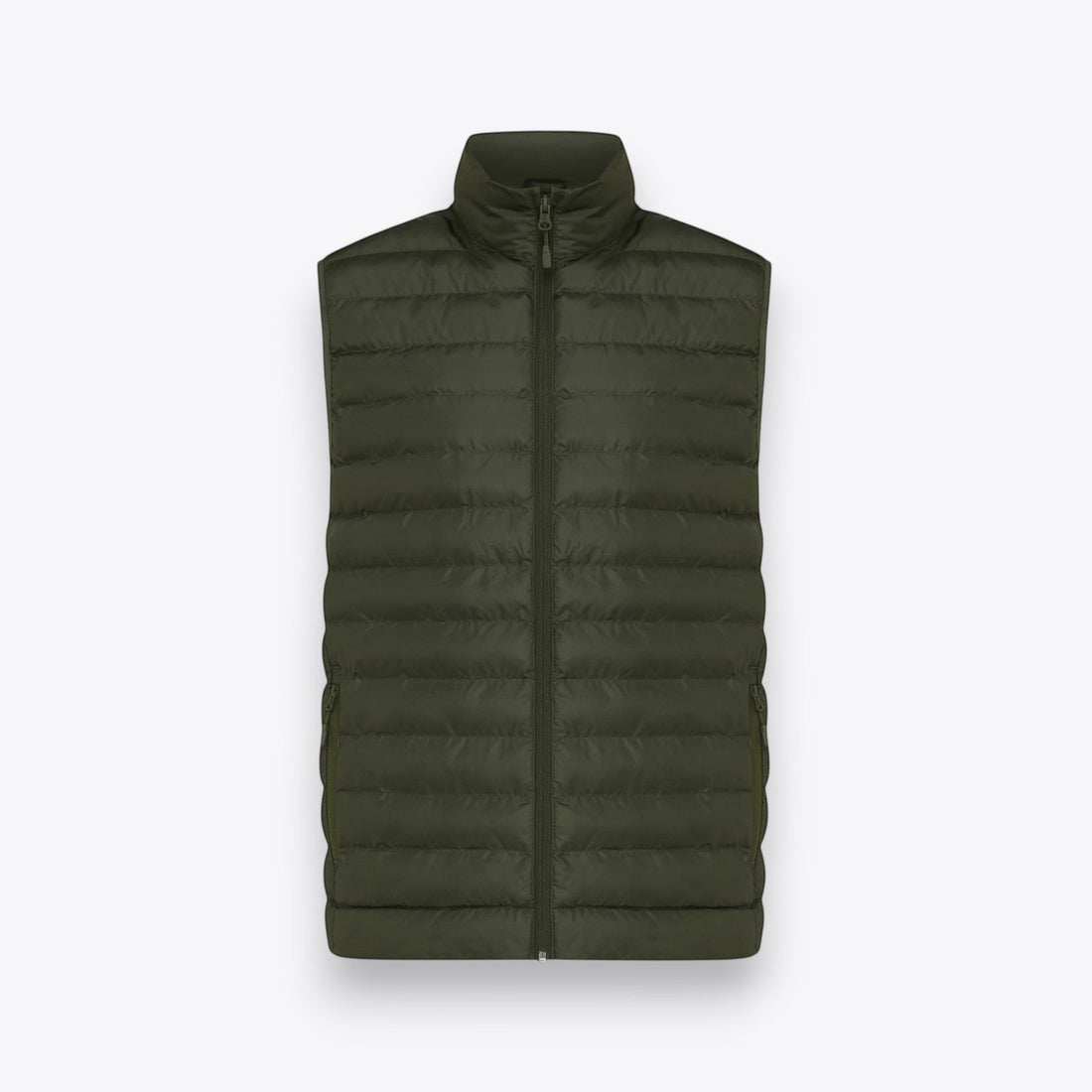 Men's khaki quilted jacket sleeveless, front view