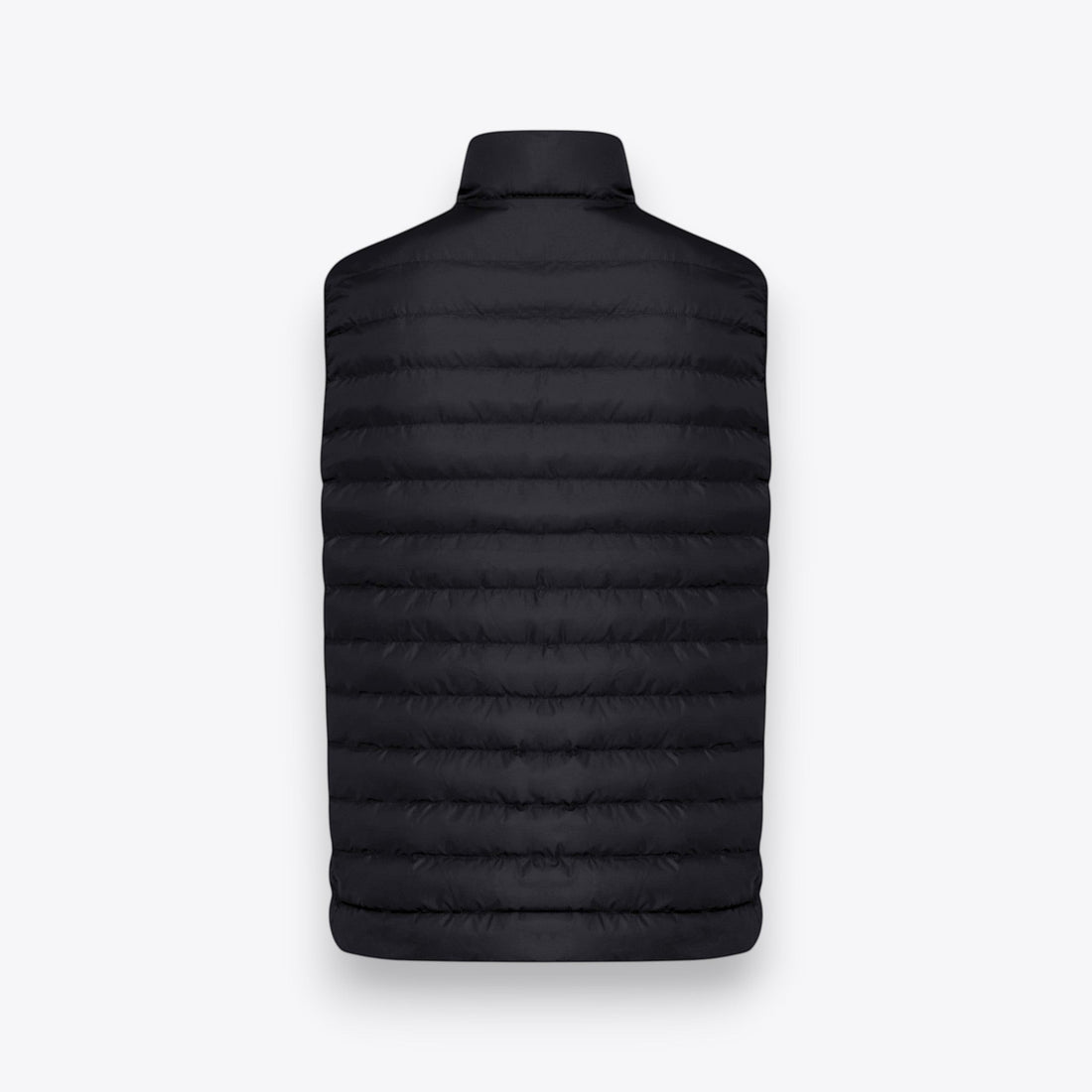 Men's sleeveless black padded jacket, back view
