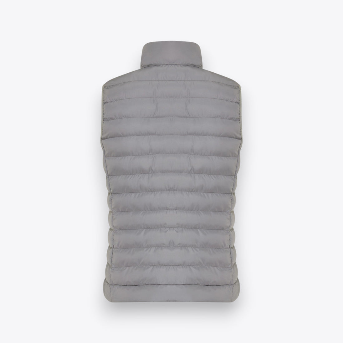 Women's sleeveless grey quilted jacket, back view