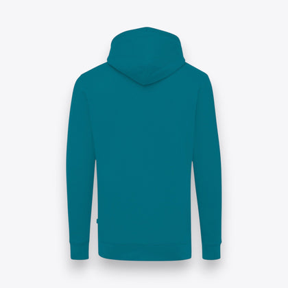 Sweat à capuche turquoise, vue de dos