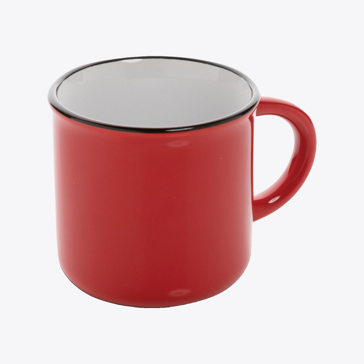 Tasse vintage en céramique rouge, vue trois quarts