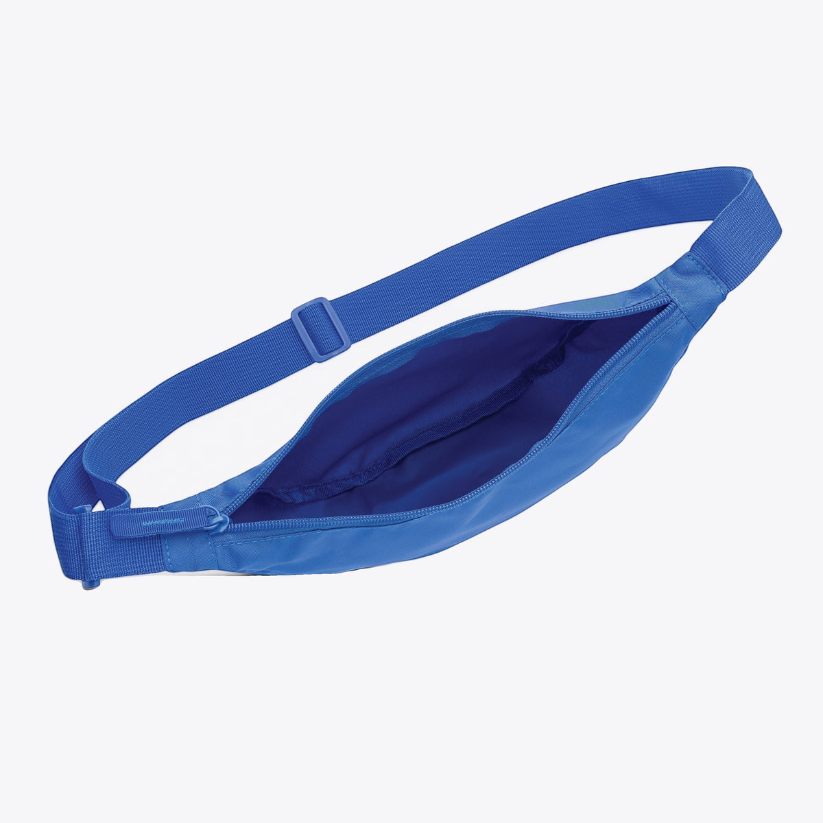 Sac banane Crescent AWARE bleu royal ouvert, vue intérieure
