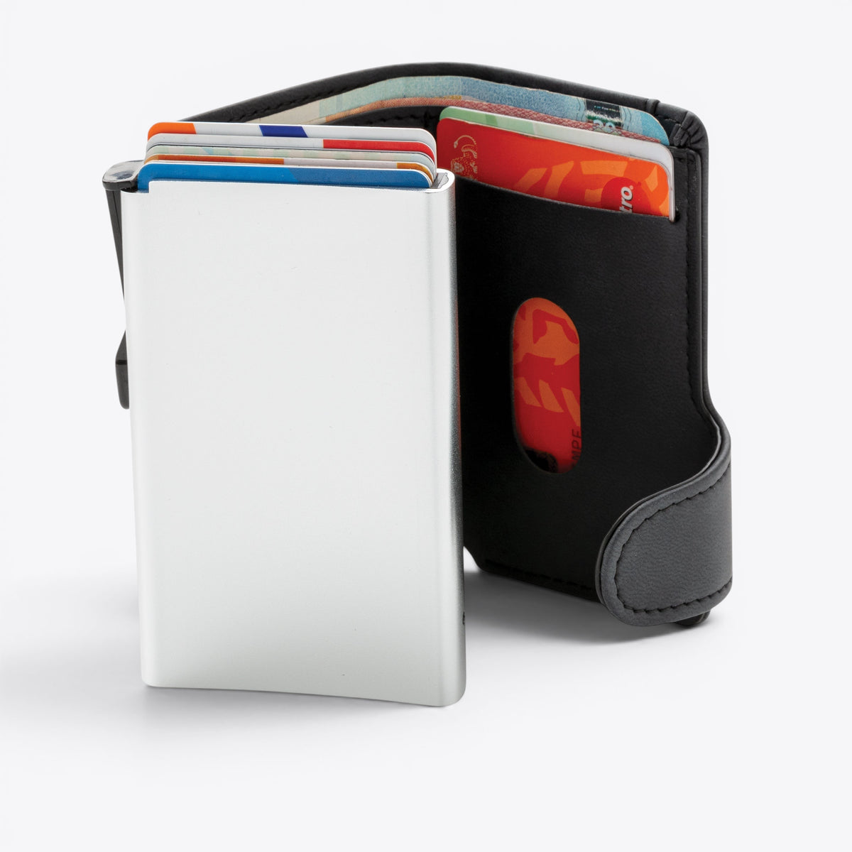 Porte-cartes anti-RFID noir ouvert, coque aluminium et cartes visibles