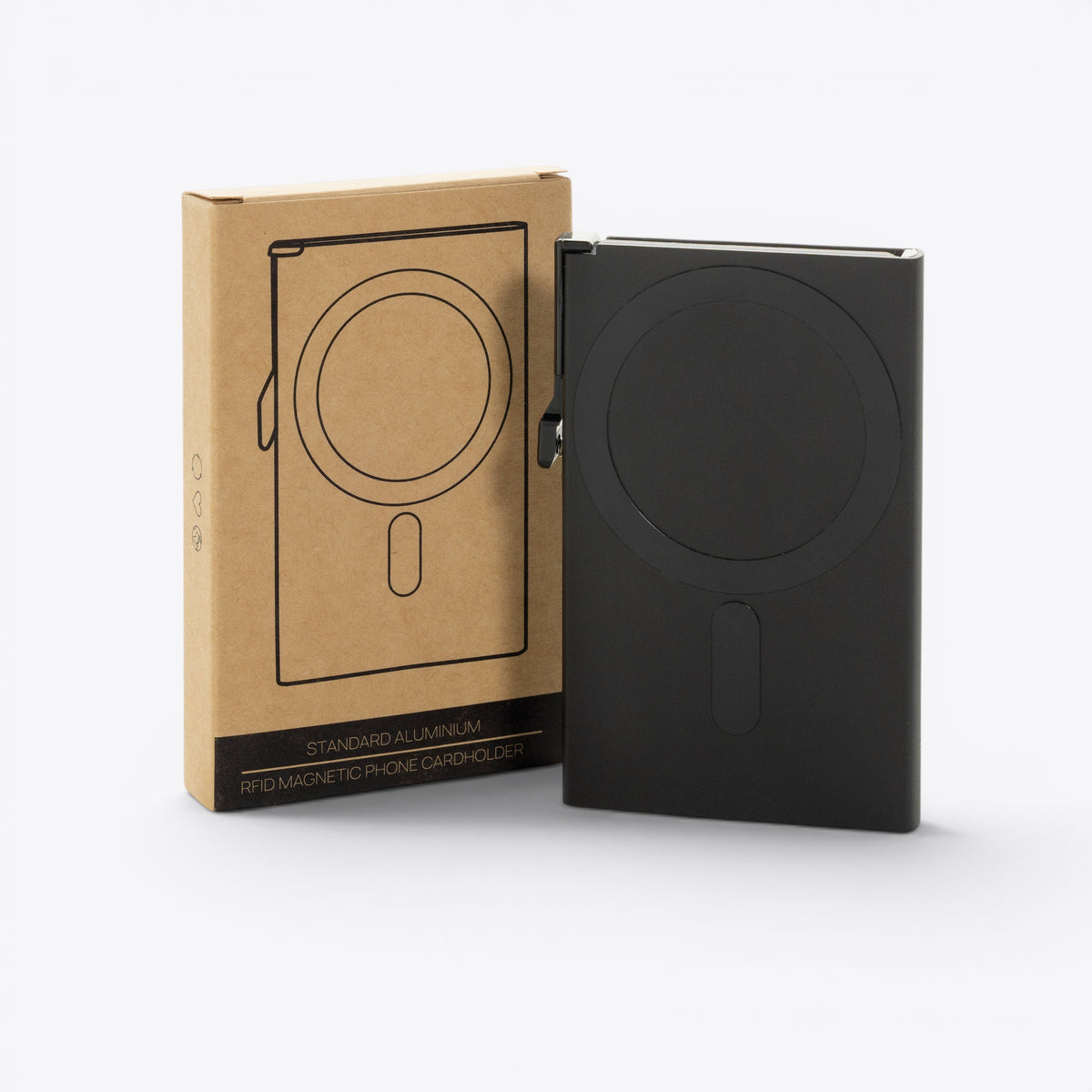 Porte-cartes noir présenté avec son emballage kraft