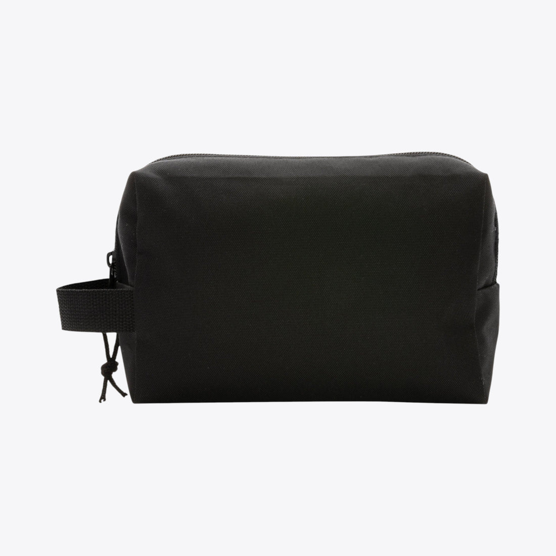 Trousse de toilette noire rectangulaire avec poignée latérale, vue de face