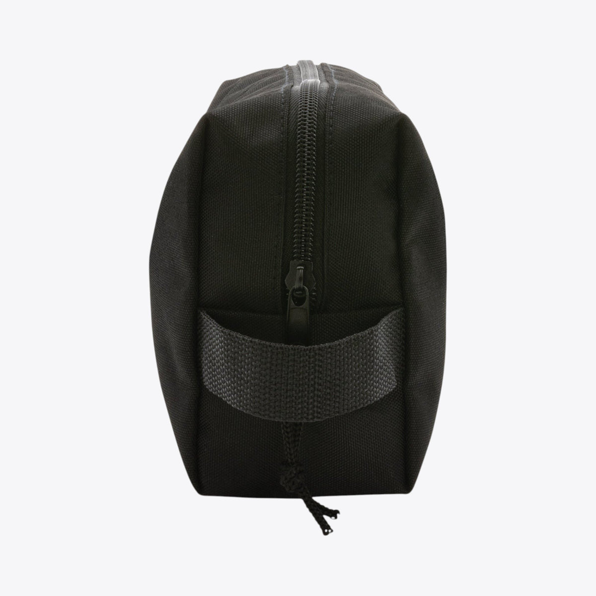 Trousse de toilette noire avec fermeture zippée et poignée, vue de profil