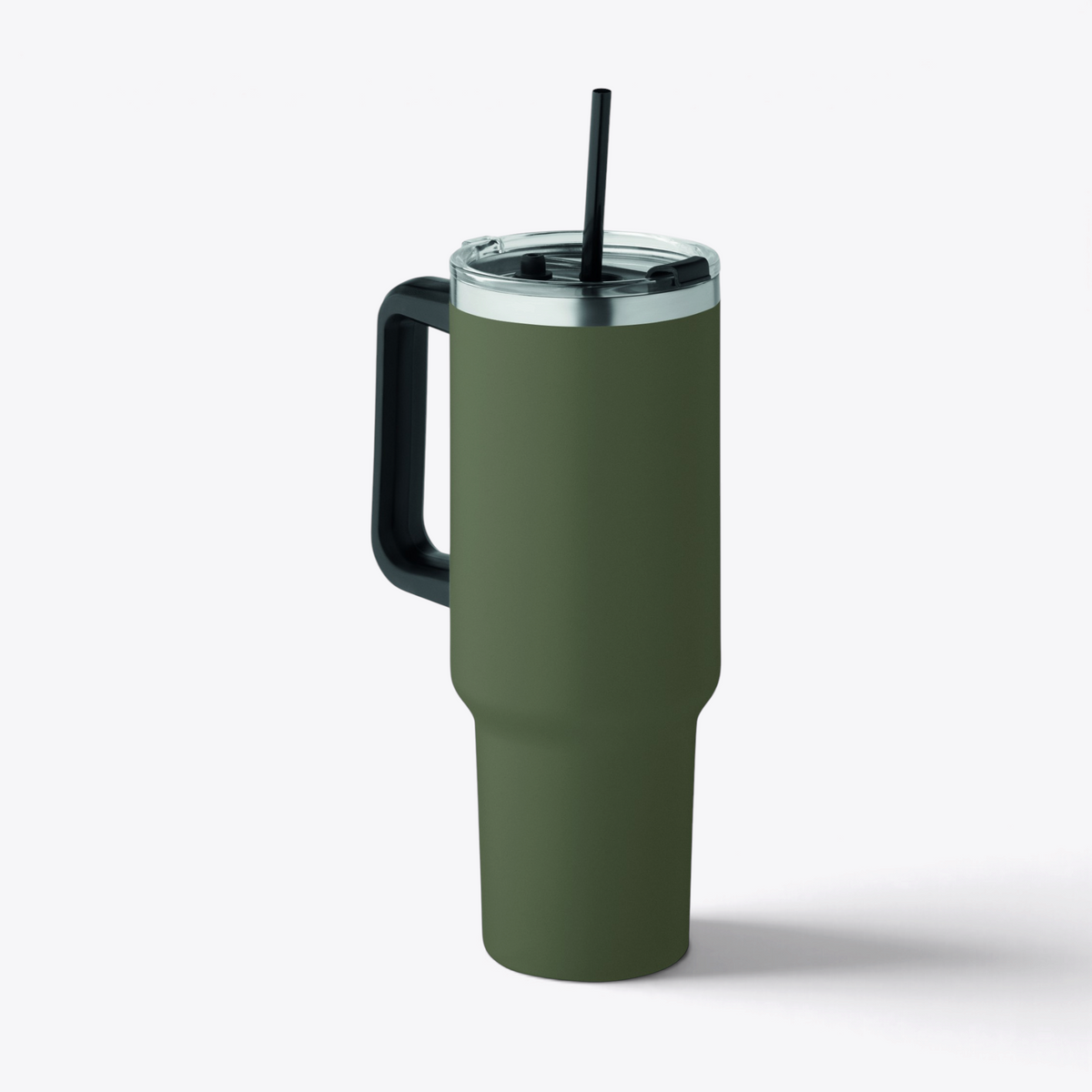 Gobelet vert foncé de 1,2 litre, poignée à gauche, couvercle et paille en place