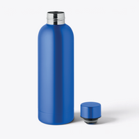Bouteille isotherme recyclée 500 ml bleu, bouchon dévissé posé à côté
