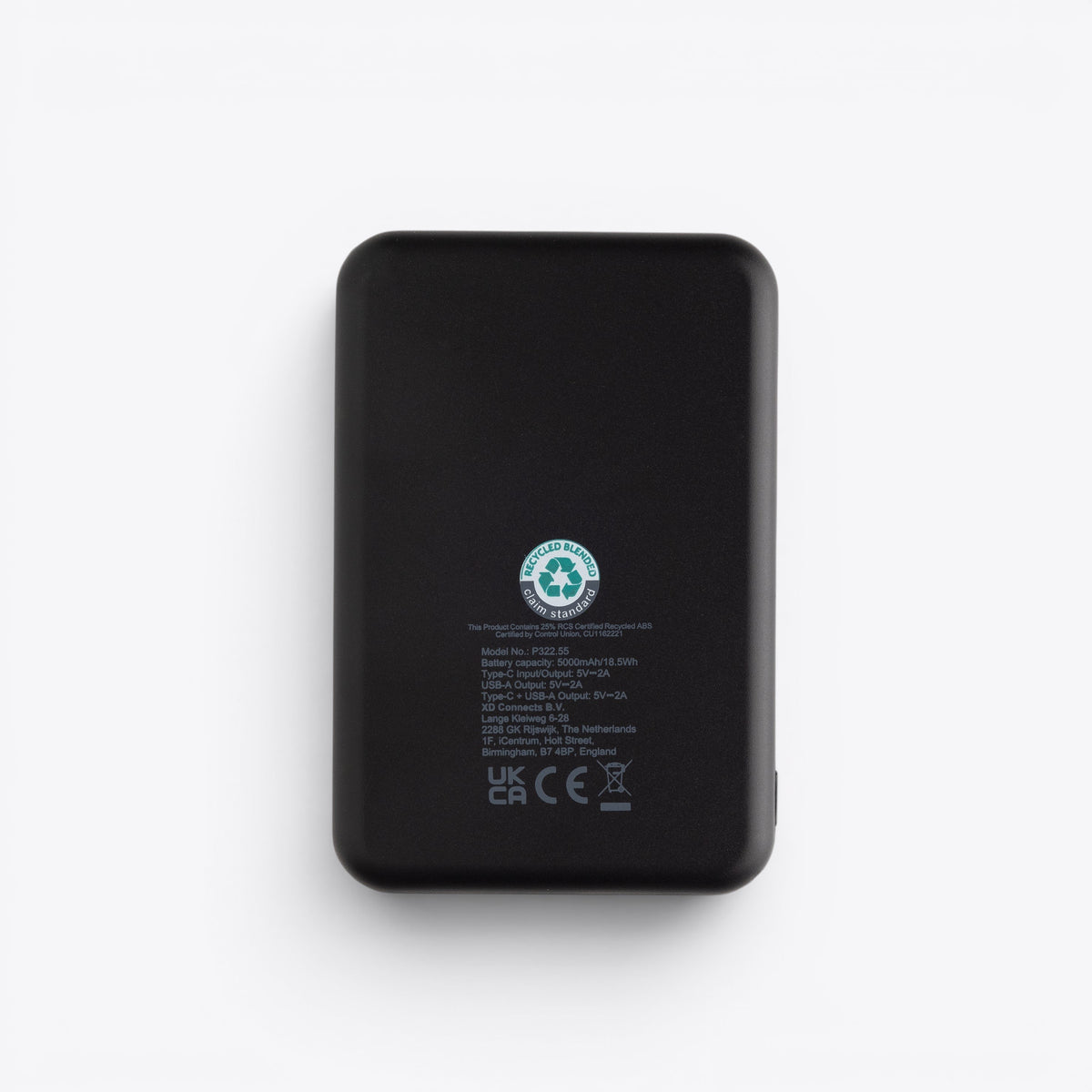 Batterie externe noire, vue arrière avec marquages techniques