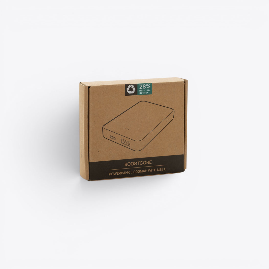 Boîte en carton brune d’une batterie externe, vue de face