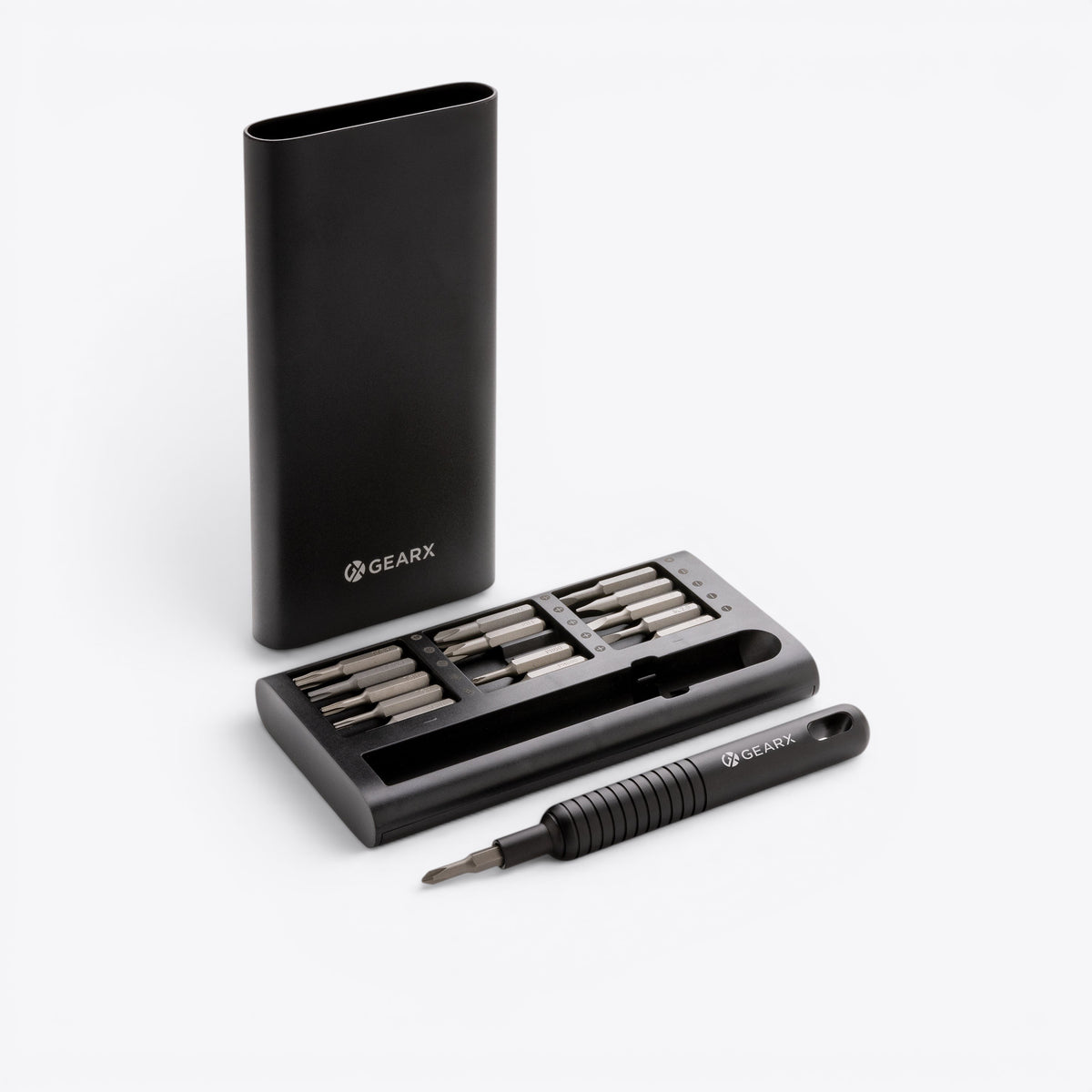 Coffret de tournevis Gear X noir ouvert avec embouts et manche