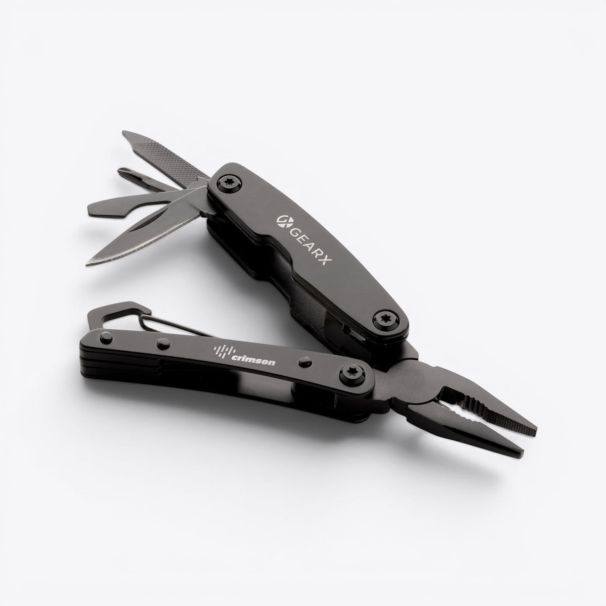 Mini outil multifonction Gear X noir ouvert, exemple de personnalisation