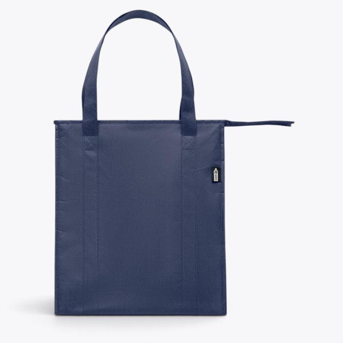 Sac isotherme bleu marine à anses, vue de face avec fermeture et étiquette latérale