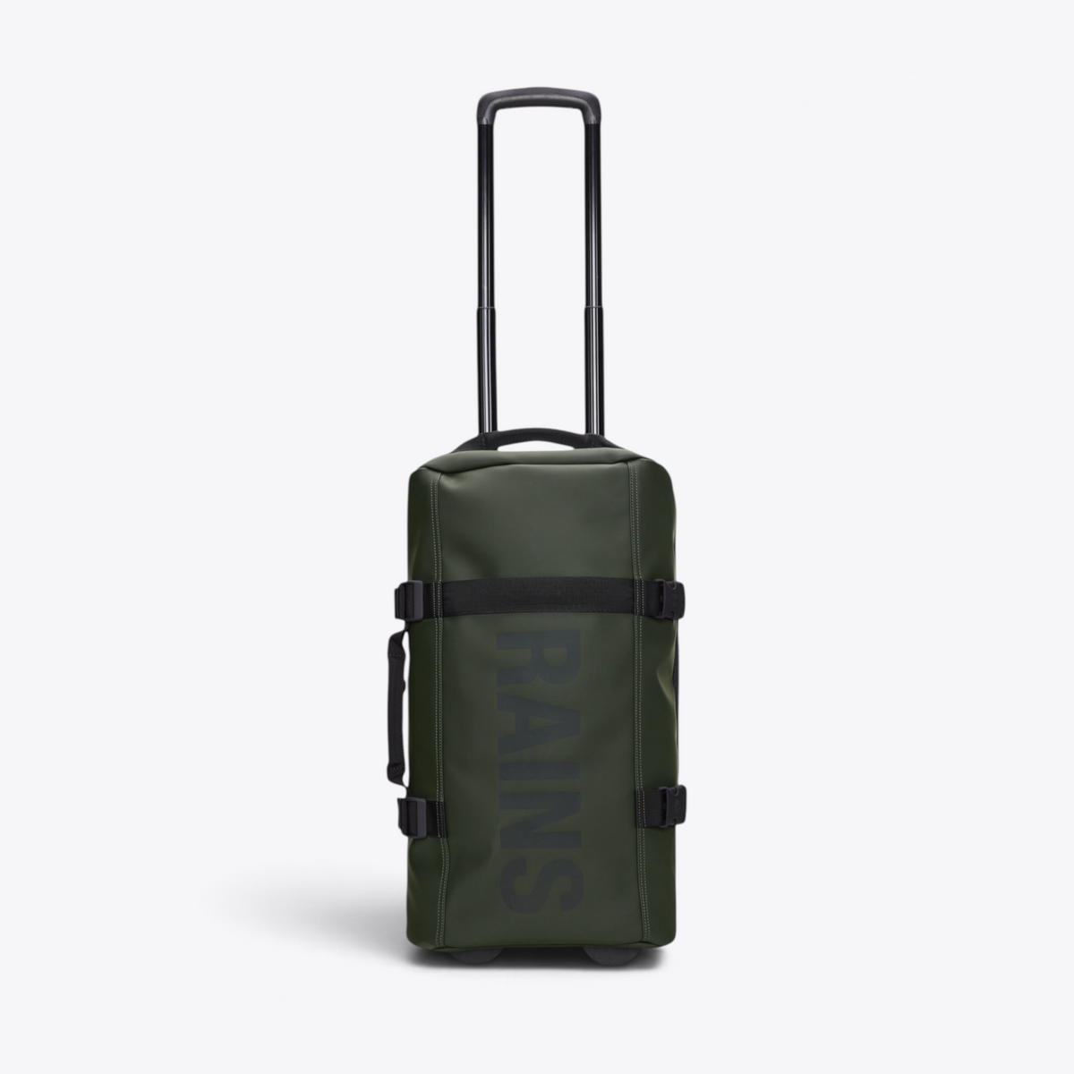 Valise cabine Texel Cabin Bag RAINS verte — poignée télescopique déployée