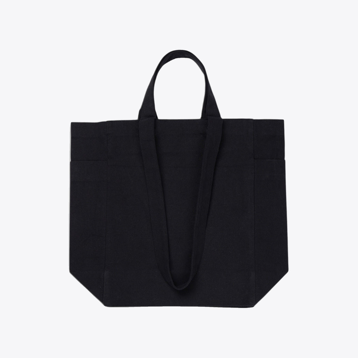 Sac cabas noir déployé avec anses courtes et longues, vue de face