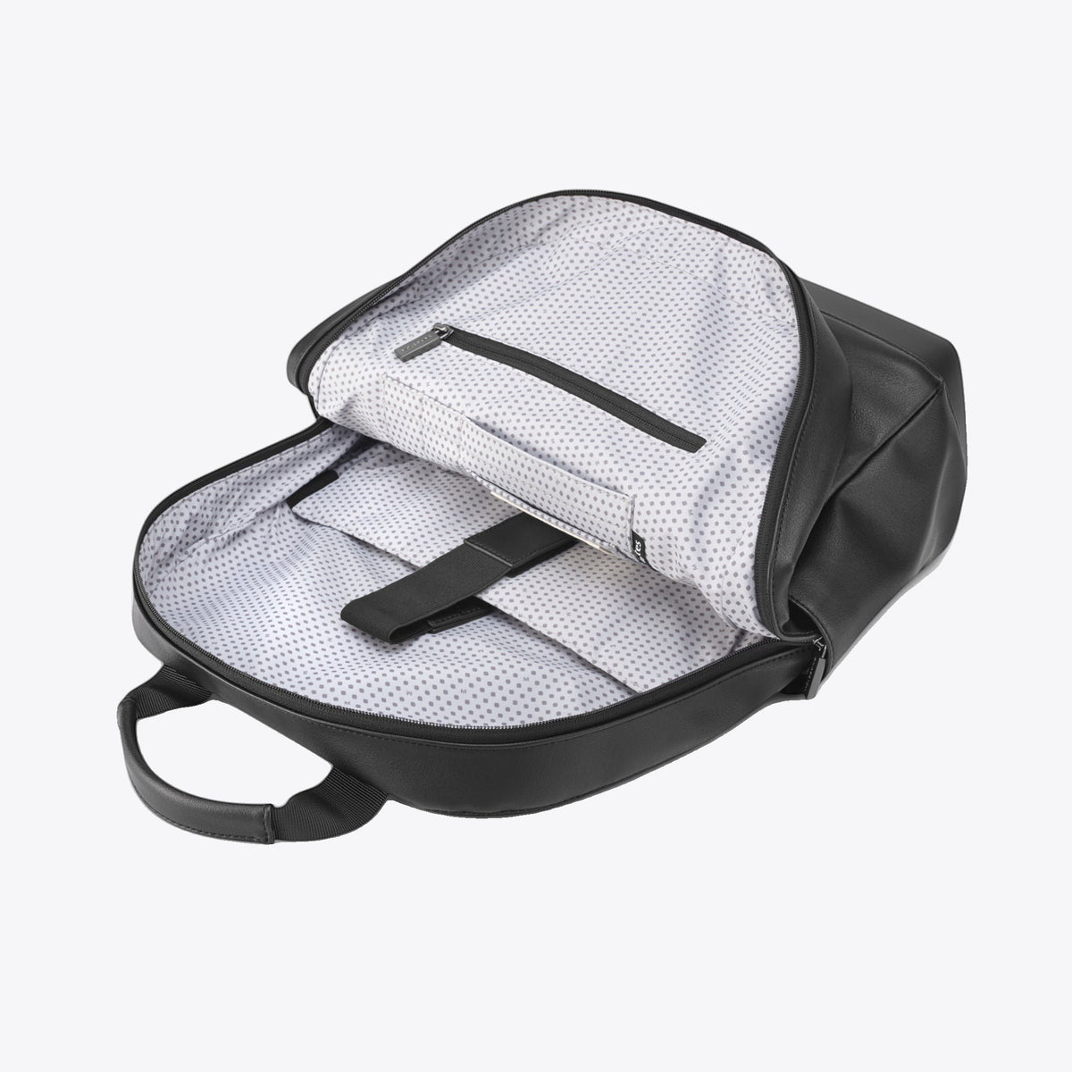 Sac à dos Moleskine noir ouvert, compartiments intérieurs visibles