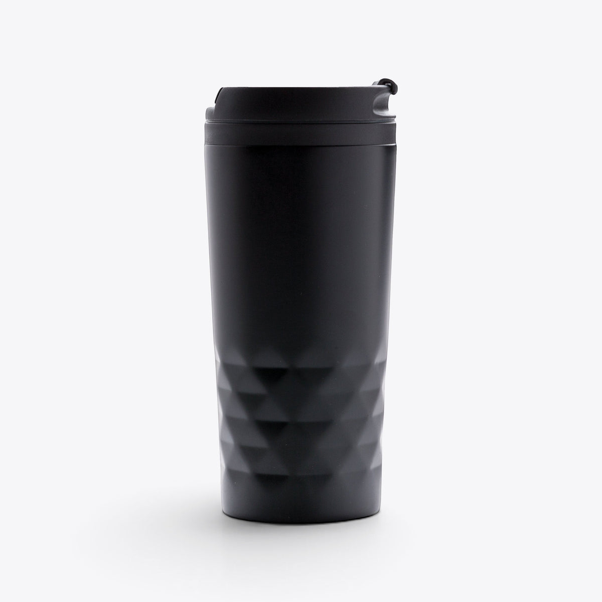 TODAY MERCH 300ml black stainless steel insulated travel mug with a geometric textured pattern and a secure lid.