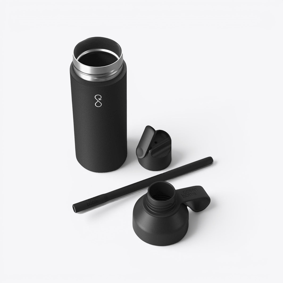 TODAY MERCH black 3-in-1 Ocean Bottle with interchangeable lids and straw, made from durable materials.