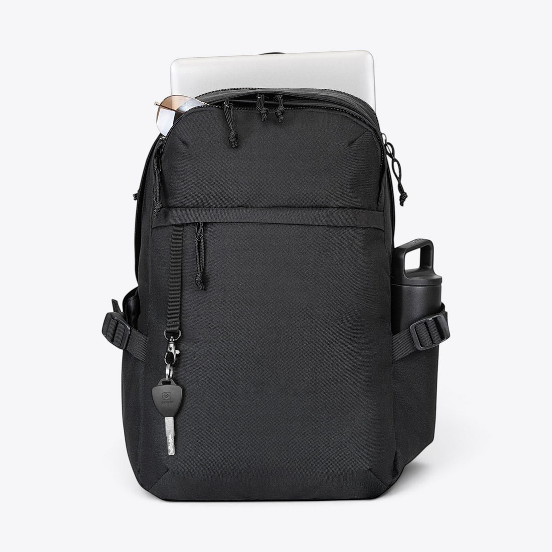 TODAY MERCH black rPET laptop backpack with organised compartments, side bottle pockets, and adjustable straps.