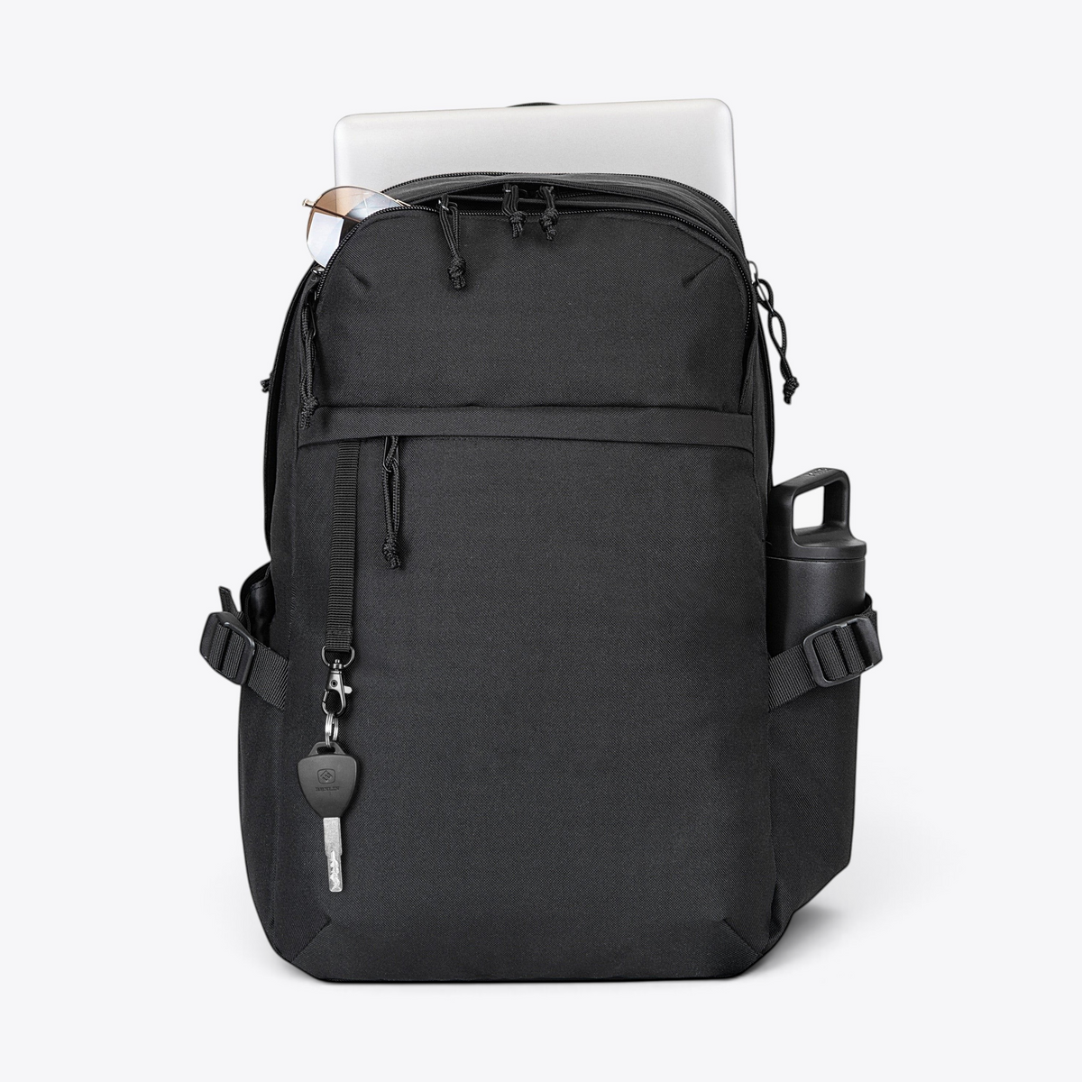 TODAY MERCH black rPET laptop backpack with organized compartments, side bottle pockets, and adjustable straps.