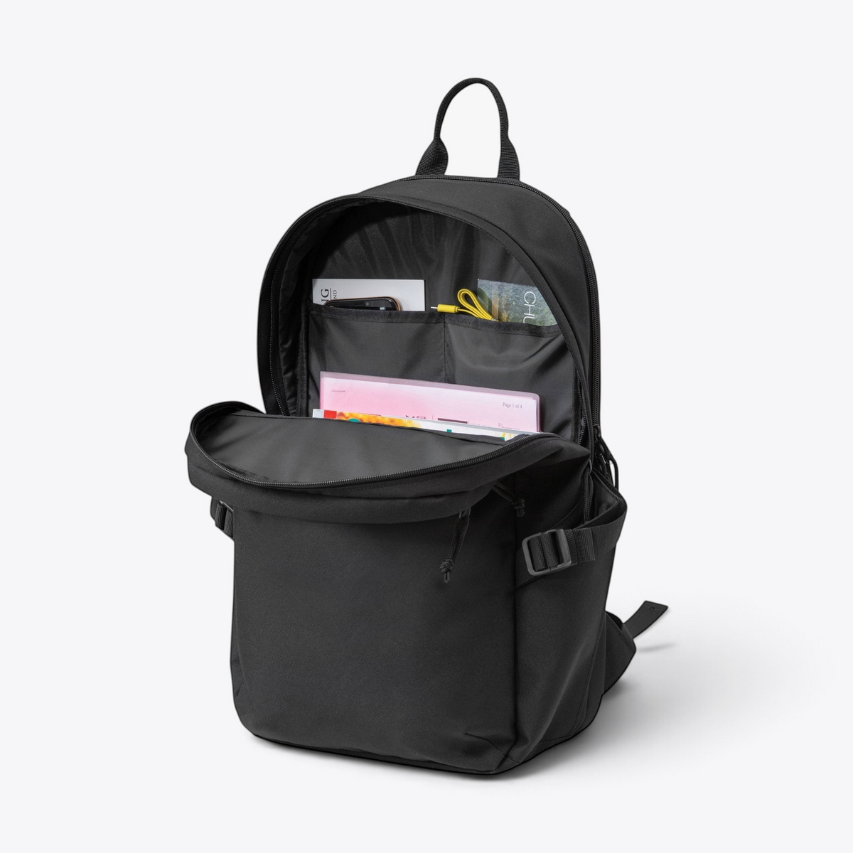 TODAY MERCH black rPET laptop backpack with open main compartment showing internal organization and storage pockets