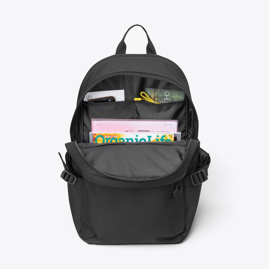TODAY MERCH black rPET laptop backpack with open main compartment showing interior organisation and document storage