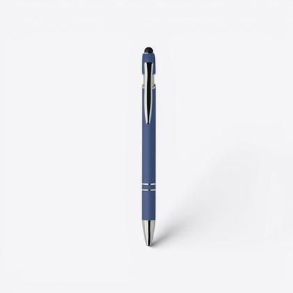 Stylo bille bleu roi et argent avec embout tactile, vue de face