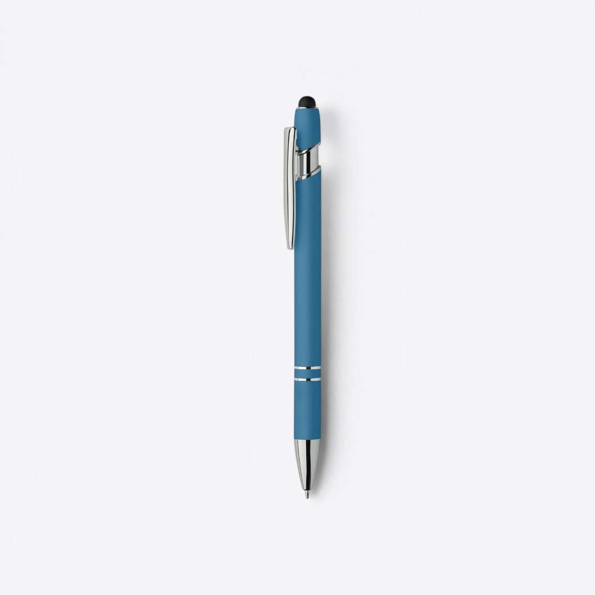 Stylo bille bleu clair et argent avec embout tactile, vue de profil